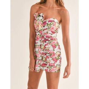“Into the Garden Ruched Dress” White, floral, mini dress.